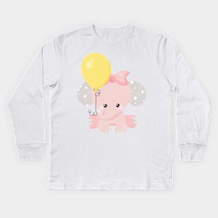 Elephant With Balloon, Cute Elephant, Crown, Stars Kids Long Sleeve T-Shirt